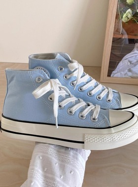 2025年秋季新款天蓝色百搭高帮帆布鞋女港味街拍鞋子女ins