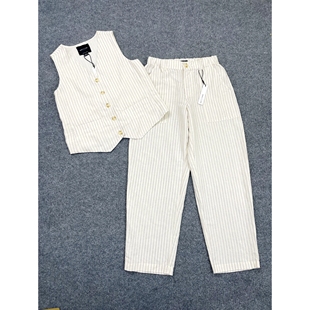 两件套女棉麻套装 宽松长裤 复古老钱风竖条纹马甲 E6035外贸新款