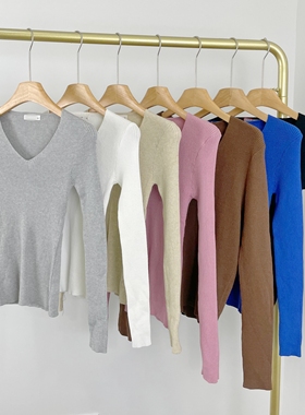 E7079外贸新款女装V领坑条修身打底衫上衣春秋显瘦简约针织衫