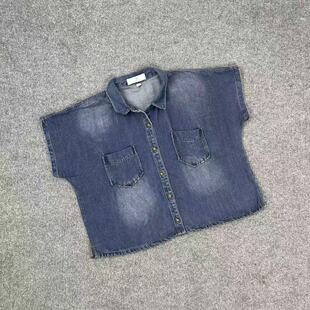 衬衫 女宽松落肩翻领显瘦百搭上衣 复古做旧水洗牛仔短袖 K6093新款