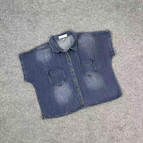 K6093新款复古做旧水洗牛仔短袖衬衫女宽松落肩翻领显瘦百搭上衣