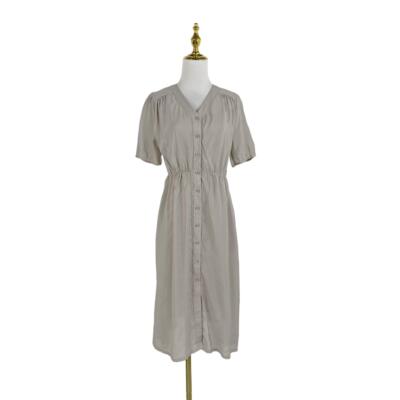 C2094新款时尚松紧腰单排扣薄款两件套连衣裙优雅V领短袖女裙