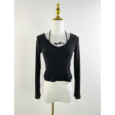 J2017韩系假两件挂脖长袖上衣2025新款女装春秋纯欲修身针织衫