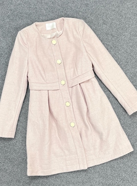 E7083外贸新款女百搭气质收腰羊毛呢大衣花朵排扣中长款呢子外套