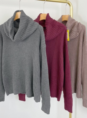 H2001外贸新款女装韩版堆堆领宽松毛衣氛围感时尚纯色套头线衫