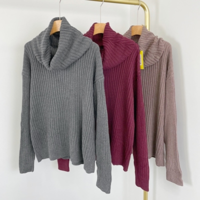 H2001外贸新款女装韩版堆堆领宽松毛衣氛围感时尚纯色套头线衫