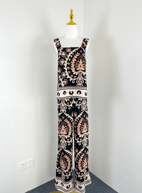 E6032外贸新款女装艺术感印花棉麻吊带+直筒长裤两件套气质套装