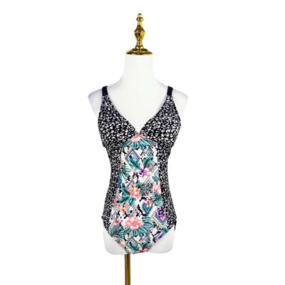 E4013外贸新款女装印花拼接三角连体泳衣温泉游泳性感带胸垫泳装