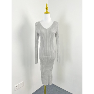 K5003法式 打底裙毛衣裙 优雅双V领针织连衣裙显身材坑条中长款