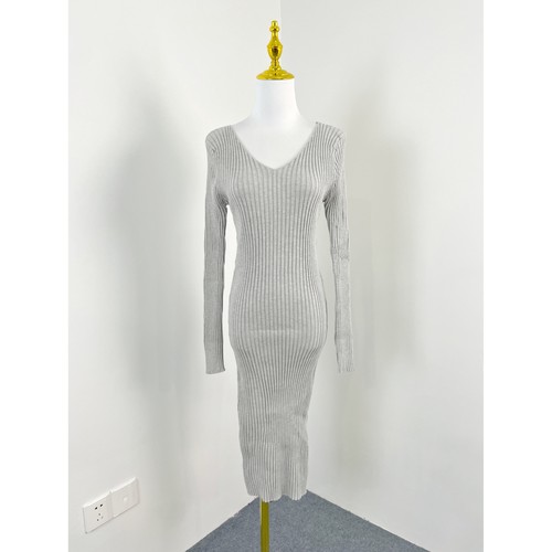 K5003法式优雅双V领针织连衣裙显身材坑条中长款打底裙毛衣裙