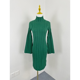 弹力喇叭袖 半高领修身 针织连衣裙大坑条毛衣裙 女装 K6026外贸新款