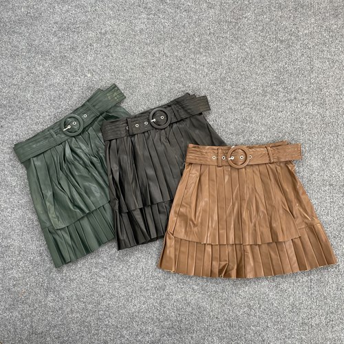 E6018外贸新款女装配腰带高腰小皮裙时髦宽褶半身裙PU皮短裙A字裙