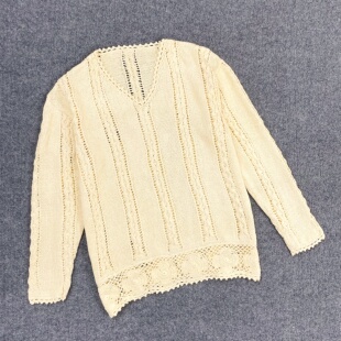 J4002时髦镂空女慵懒风毛衣2025秋新款复古手工钩花宽松V领针织衫