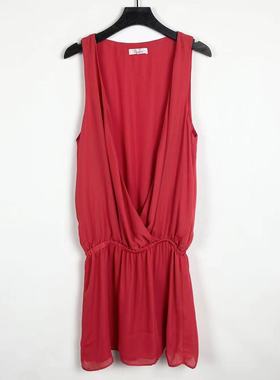 B0072夏季新款女装时尚百搭纯色深V领连衣裙松紧腰无袖时髦A字裙