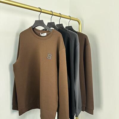 H2032日单新款春秋圆领套头简约纯色B字刺绣欧美重磅百搭卫衣