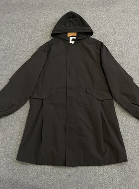 E3247黑色中长款连帽风衣女工装风收腰宽松外套春秋休闲薄款大衣