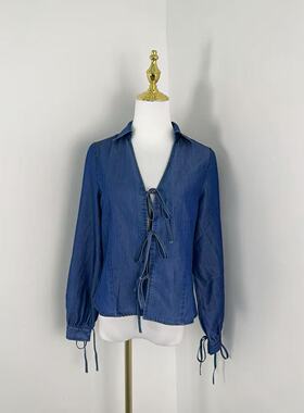 C7174新款韩系设计感系带牛仔外套翻领长袖收腰温柔通勤上衣