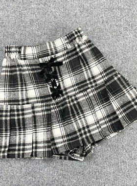 E7085日单新款时髦格子儿童毛呢裙裤女童秋冬靴裤短裤阔腿裤