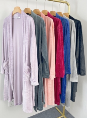 E6062外贸新款金丝绒男女舒适睡袍中长款家居服浴袍系带情侣晨袍