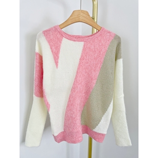 毛衣早春圆领洋气别致针织衫 慵懒感拼色落肩袖 女装 E7082外贸新款