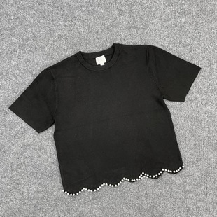 优雅气质显瘦圆领上衣 针织衫 E7097外贸新款 女重工钉珠波浪边短袖