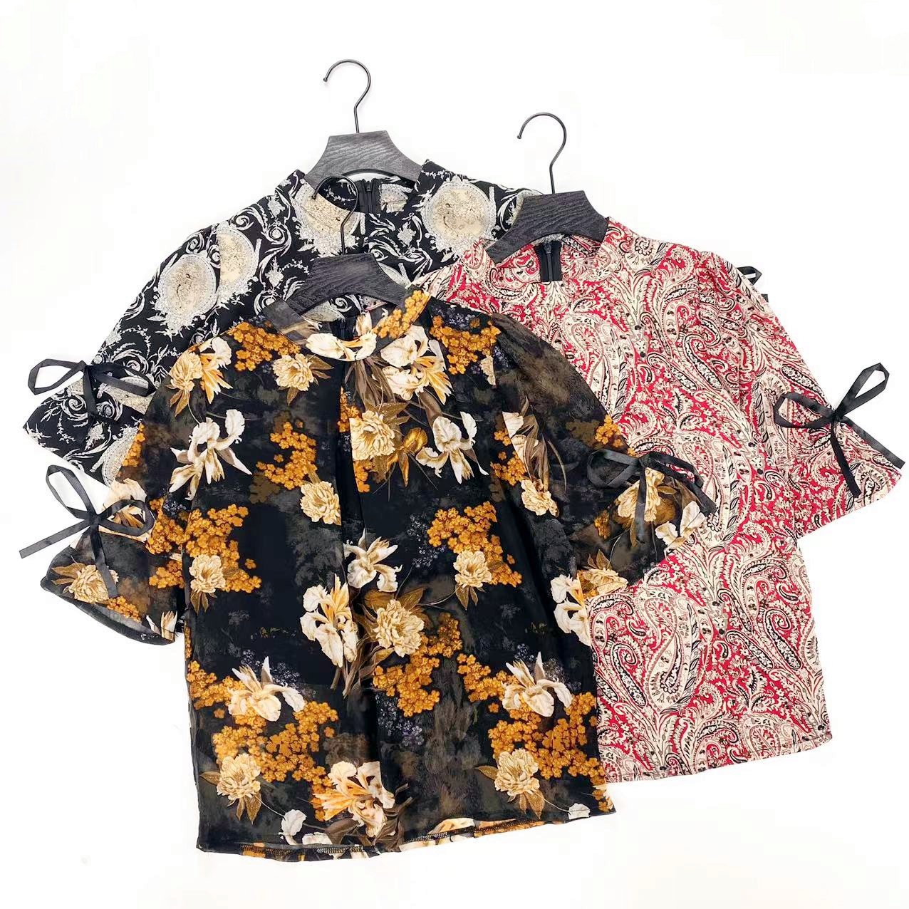 H3020夏季新款套头印花五分袖雪纺衫轻薄透气时尚后拉链女上衣