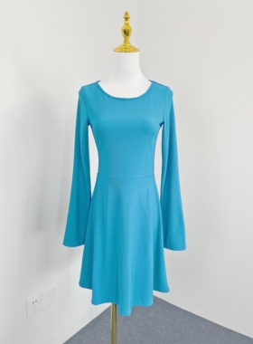 J3014外贸新款女装简约纯色高腰连衣裙通勤修身长袖小个子连衣裙