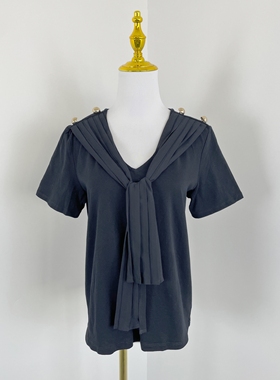 B2206外贸新款女装假两件披肩短袖T恤棉质舒适V领设计感显瘦上衣