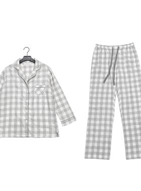 A3009秋新款翻领格子亮丝长袖长裤套装宽松舒适家居服两件套睡衣