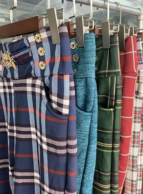 C3067冬季新款松紧腰加绒女装休闲裤修身显瘦格子裤保暖小脚裤