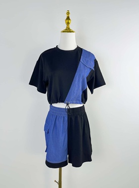 H3156外贸新款个性拼接短款休闲女装两件套短袖短裤夏季舒适套装