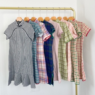 J2137孤品 时尚 短袖 连衣裙 复古盘扣文艺格子少女旗袍小个子夏季