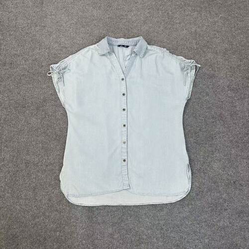 C7166外贸新款浅蓝天丝衬衣女抽绳肩设计感小众垂感通勤百搭上衣