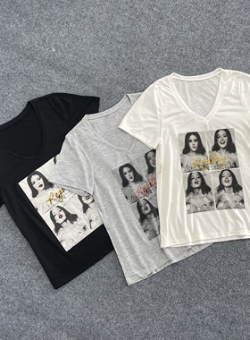 J3001人物印花个性潮T2025夏季新款舒适透气V领套头短袖上衣