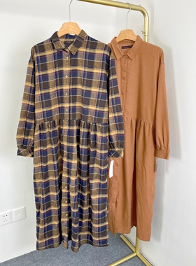 E6087日单新款女装宽松洋气长袖格子连衣裙翻领单排扣文艺长裙