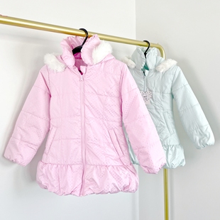 C5009日单新款童装中长款连帽棉衣外套波点印花女童裙式保暖棉服