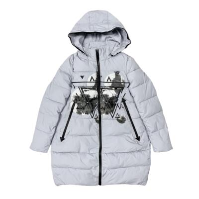 E4022外贸新款女可脱卸连帽中长款棉服时尚印花拉链口袋棉衣外套