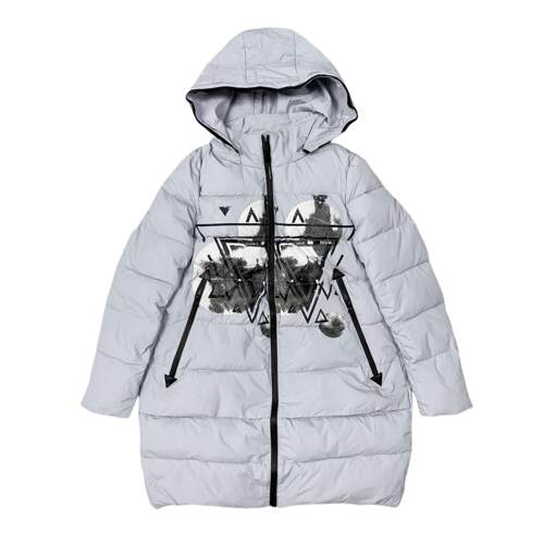 E4022外贸新款女可脱卸连帽中长款棉服时尚印花拉链口袋棉衣外套