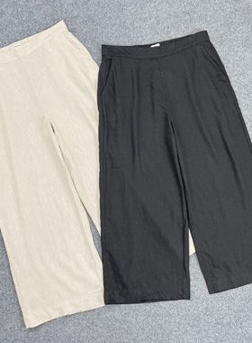 E6101外贸新款女高腰亚麻阔腿裤薄款透气后松紧腰直筒裤休闲长裤