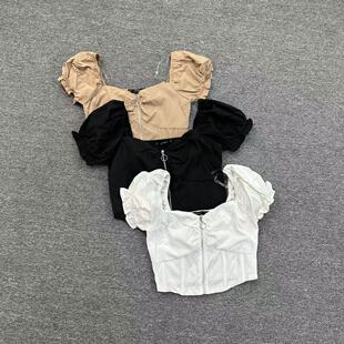 E3217新款辣妹风方领泡泡袖短款上衣前拉链设计感露脐百搭上衣