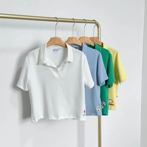 M3062夏季新款糖果色POLO领短袖T恤女卡通印花短款上衣