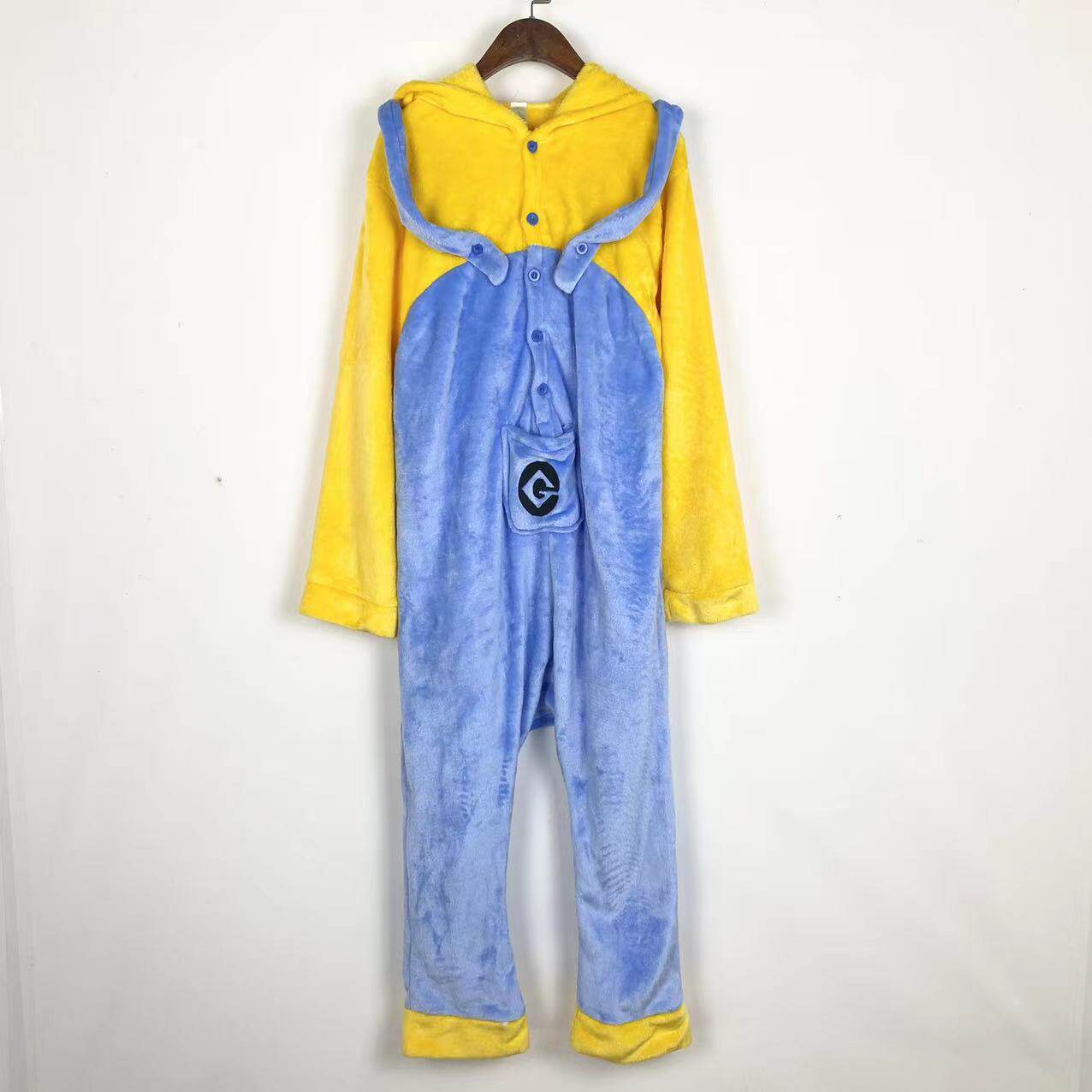 B0052新款情侣连帽拼色卡通一只眼珊瑚绒如厕款连体睡衣家居服