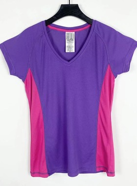 C0033夏季新款女装V领时尚拼色上衣运动健身速干衣短袖舒适T恤