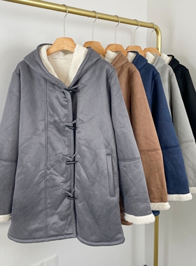 B1031麂皮绒时尚连帽外套2025新款女装皮毛一体牛角扣羊羔毛大衣