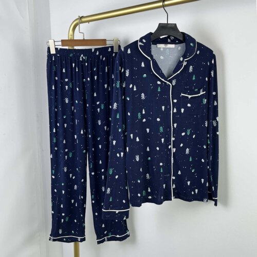 C2156外贸新款亲肤柔软人棉长袖长裤亲子家居服印花男女睡衣套装