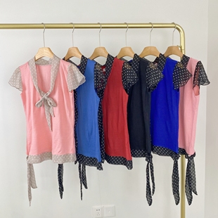 复古时尚 新款 套头系带领上衣 2025夏季 J2071波点雪纺拼接针织衫