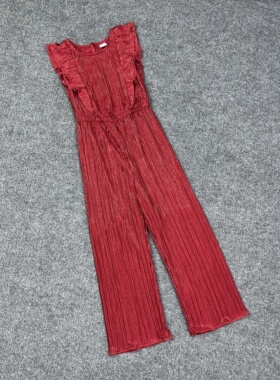 C3214外贸新款儿童百褶连体裤闪亮波点松紧腰圆领连衣裤可亲子