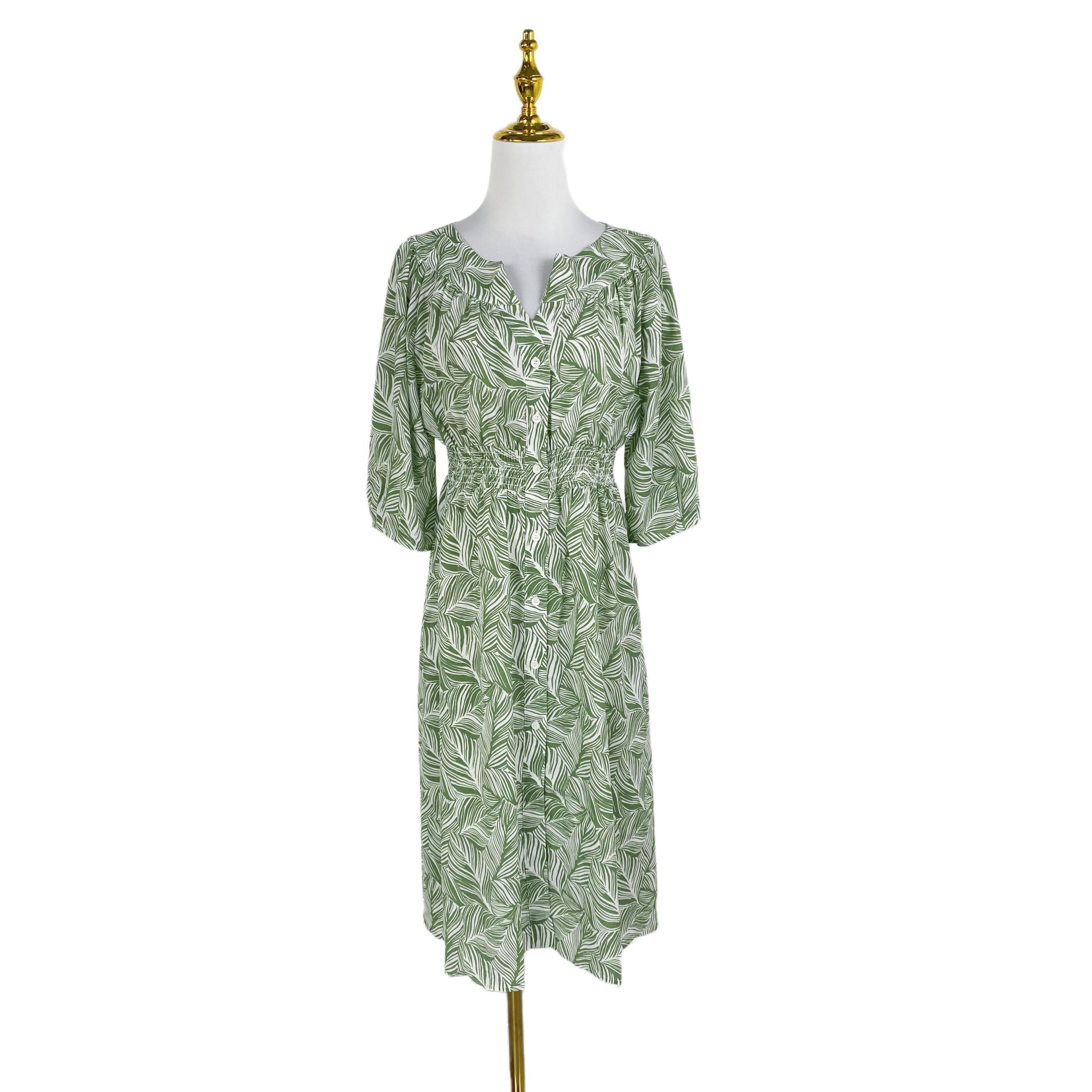 C2101新款女松紧高腰印花连衣裙两件套单排扣七分袖时髦长裙