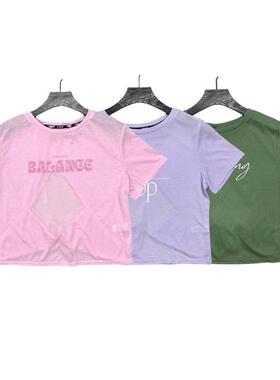 B2081外贸新款字母印花女装圆领薄款T恤后背镂空系带短款运动上衣