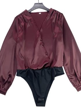 C2003新款欧美女装搭扣V领长袖连衣裤时尚缎面连体短裤定位衣